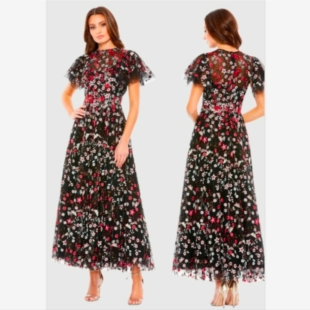 NWT Mac Duggal 20323 Black Floral Maxi Dress Sz 14
